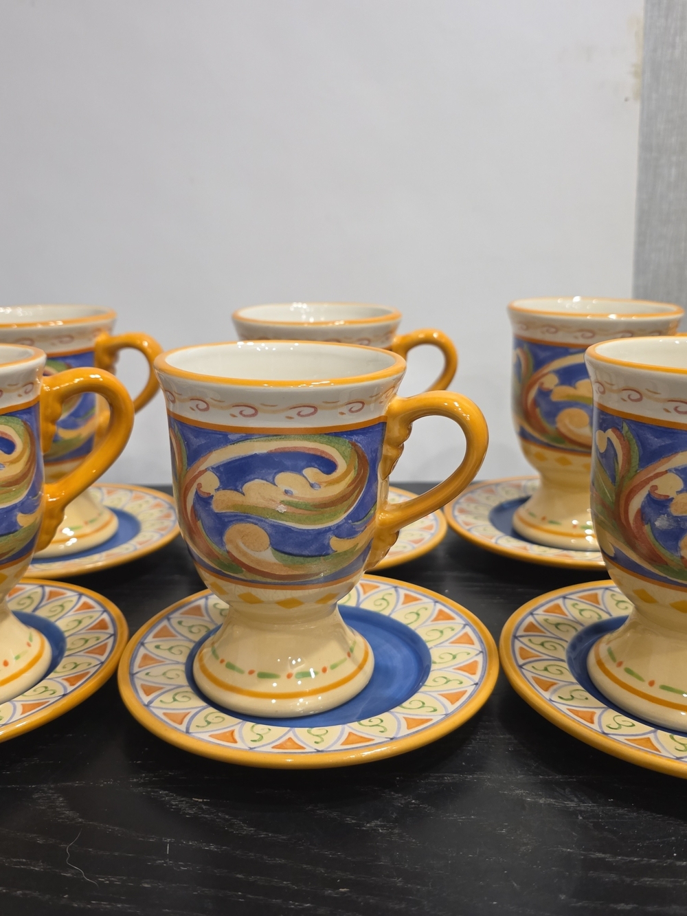 Vtg 2004 Villa Della Luna 6 Pedestal Mugs & 6 Saucers.  Stoneware By Pfaltzgraff